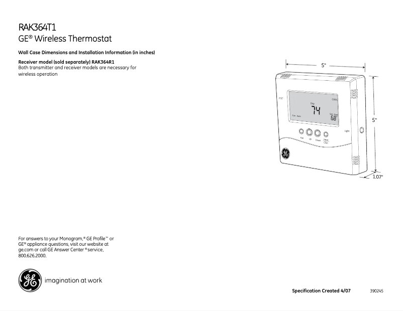 Page 1 de la notice Fiche technique GE RAK364T1