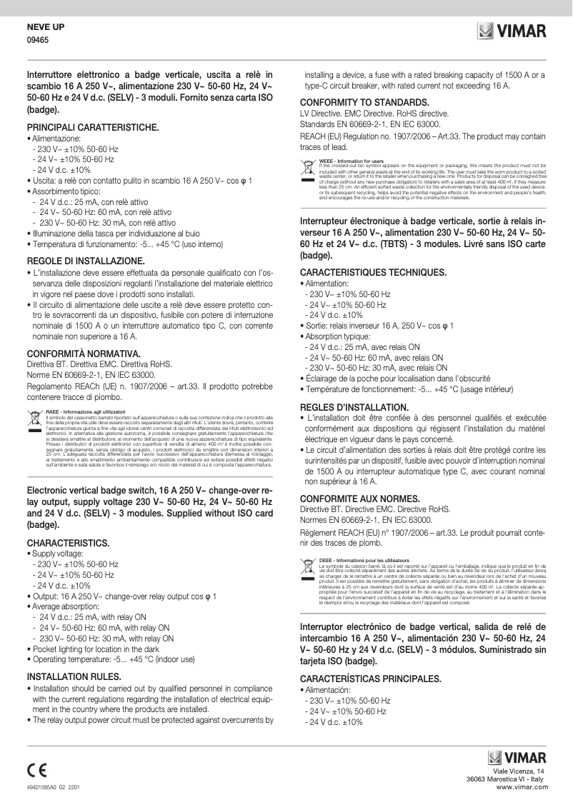 Page 1 de la notice Manuel utilisateur Vimar 09465