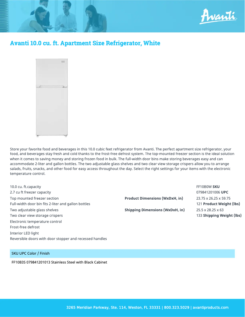 Page 1 de la notice Fiche technique Avanti FF10B3S