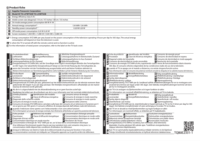 Page 1 de la notice Fiche technique Panasonic TX-L47WT65B