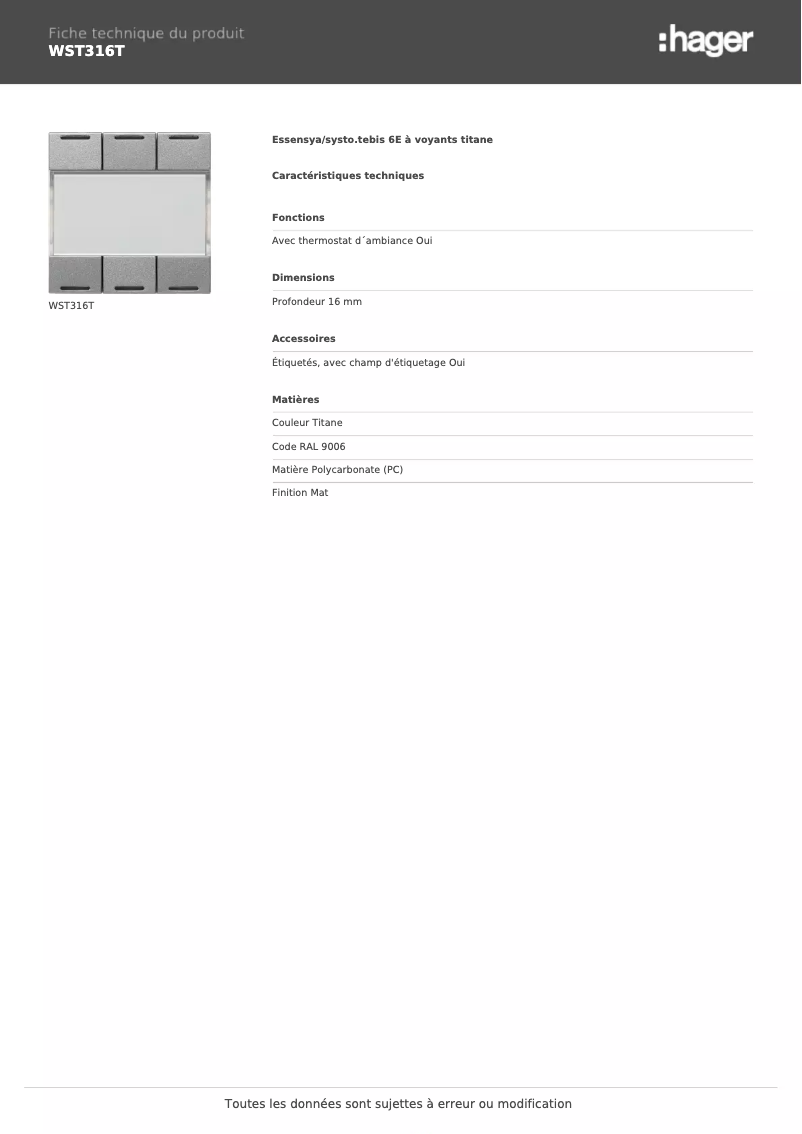 Page 1 de la notice Fiche technique Hager WST316T