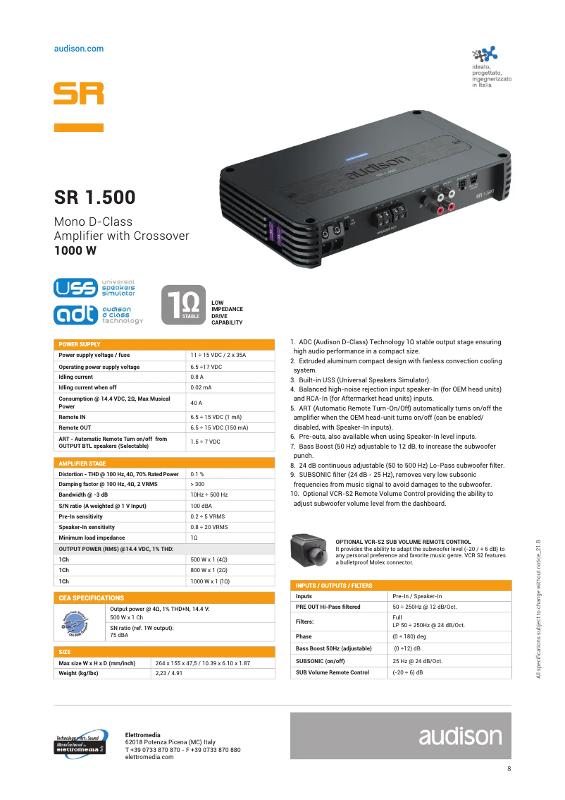 Page 1 de la notice Fiche technique Audison SR1.500.2