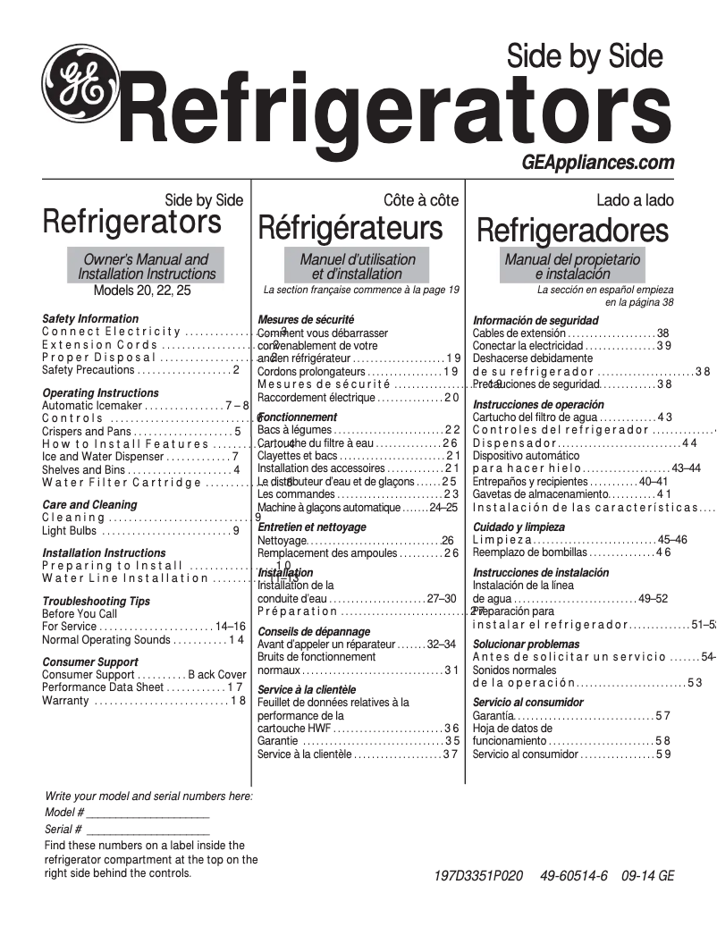 Page 1 de la notice Mode d'emploi GE GSH25JGDCC