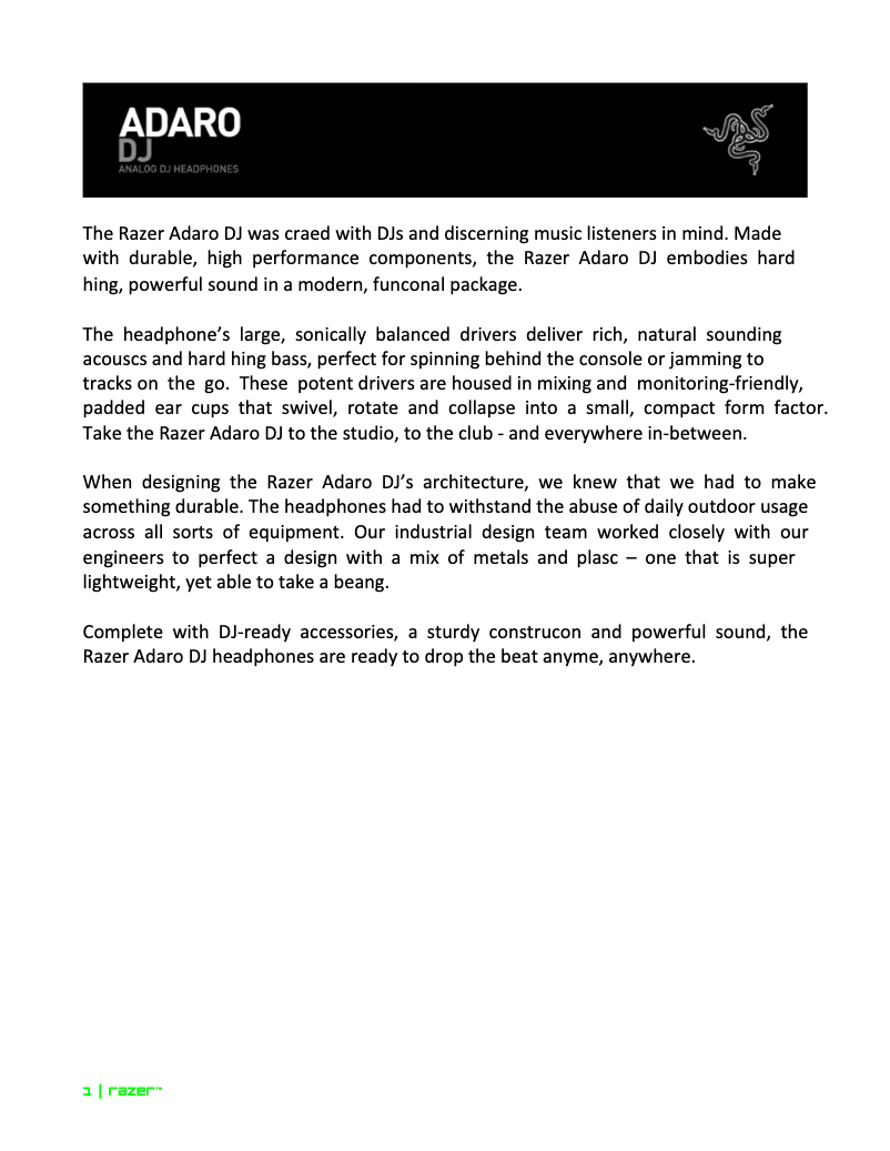 Page 1 de la notice Manuel utilisateur Razer Adaro DJ