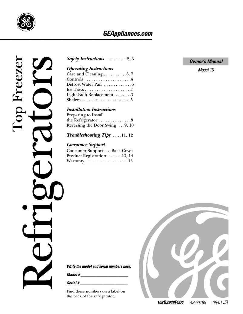 Page n°1 - Manuel d'utilisation et d'entretien GE GTS10AAMLWW