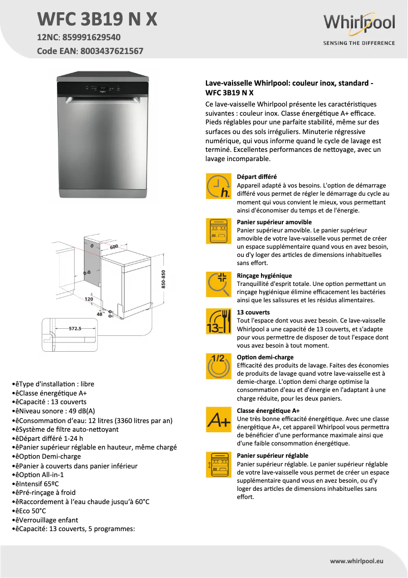 Page 1 de la notice Fiche technique Whirlpool WFC 3B19