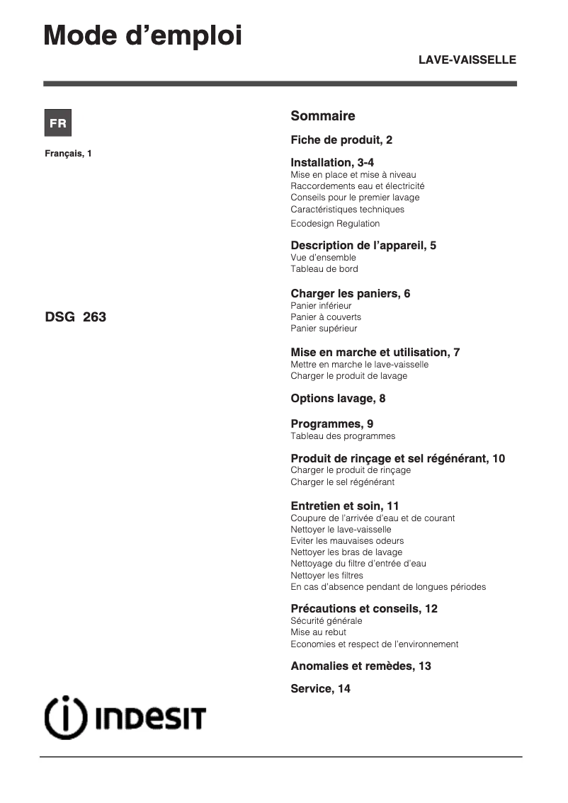 Page 1 de la notice Manuel utilisateur Indesit DSG 263 NX FR