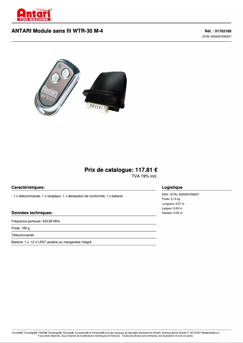 Page 1 de la notice Fiche technique Antari WTR-30
