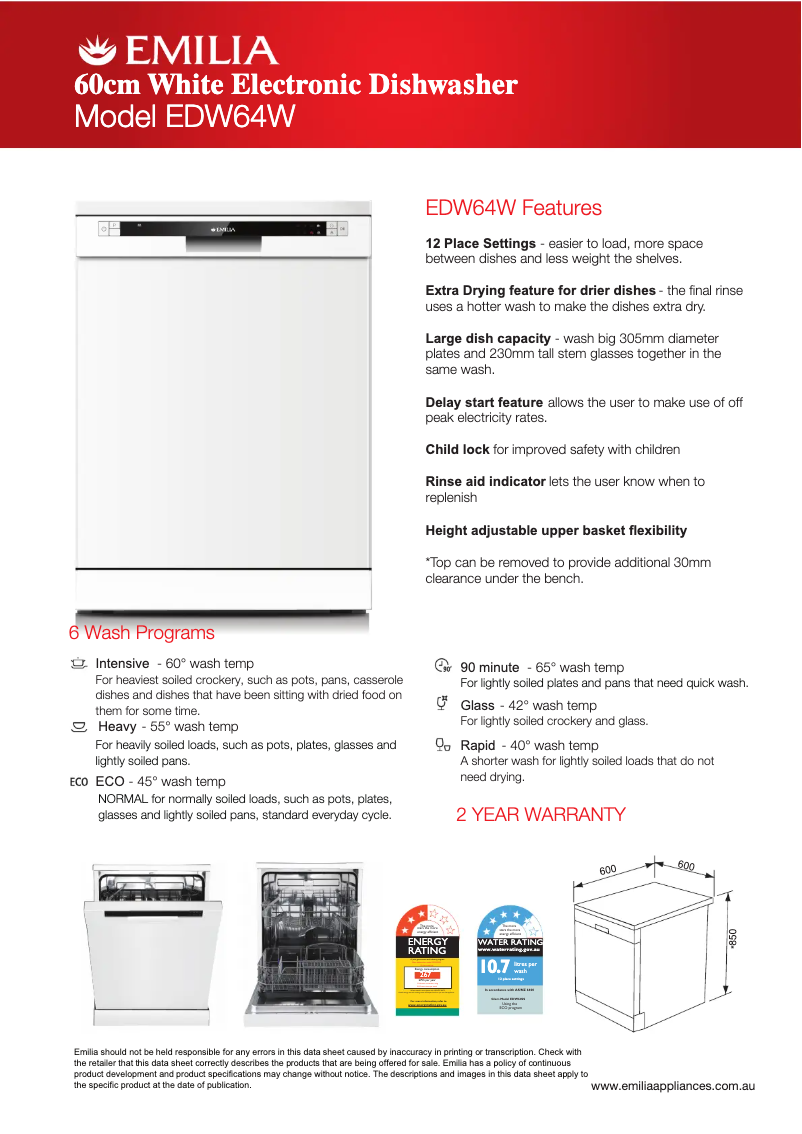 Page 1 de la notice Fiche technique Emilia EDW64W