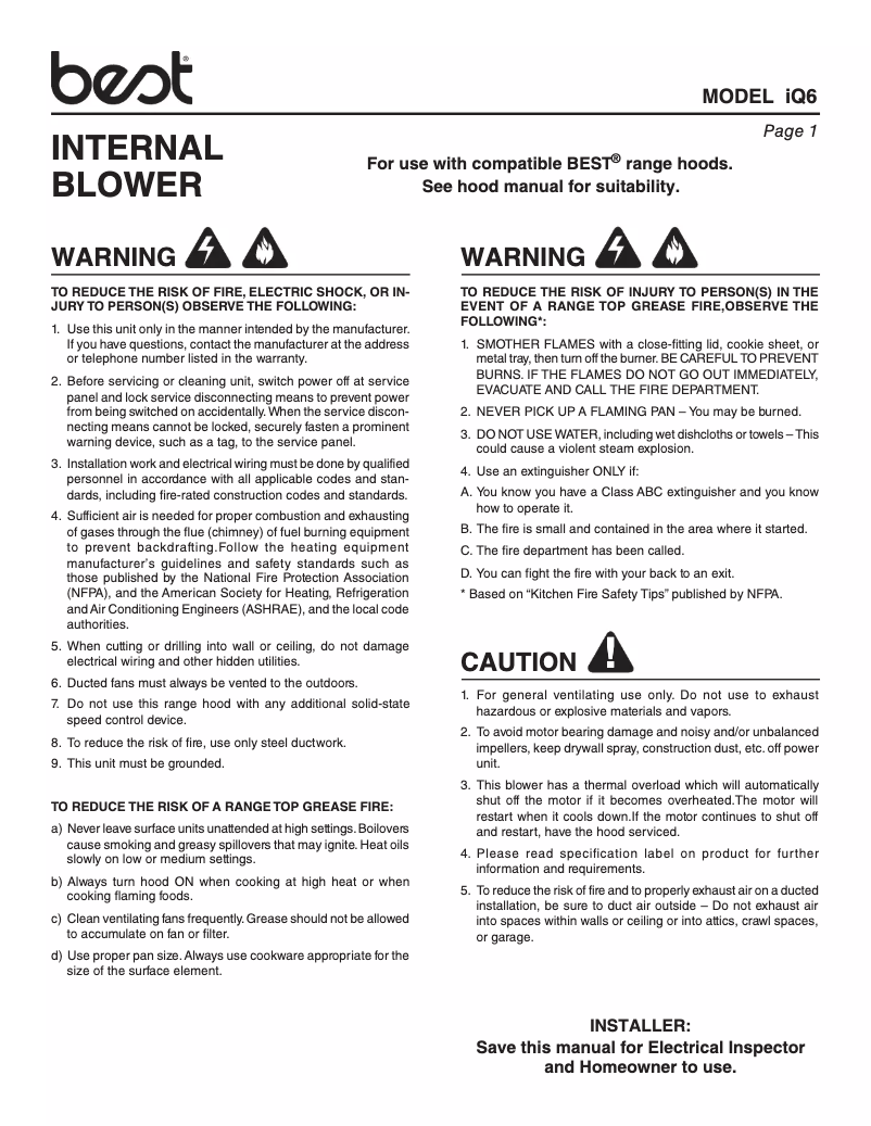 Page 1 de la notice Guide d'installation Best IQ6