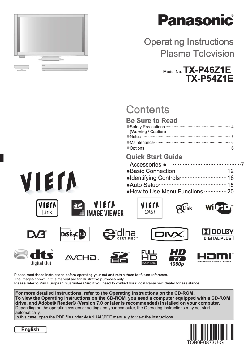 Page 1 of the manual User Manual Panasonic Viera TX-P46Z1E