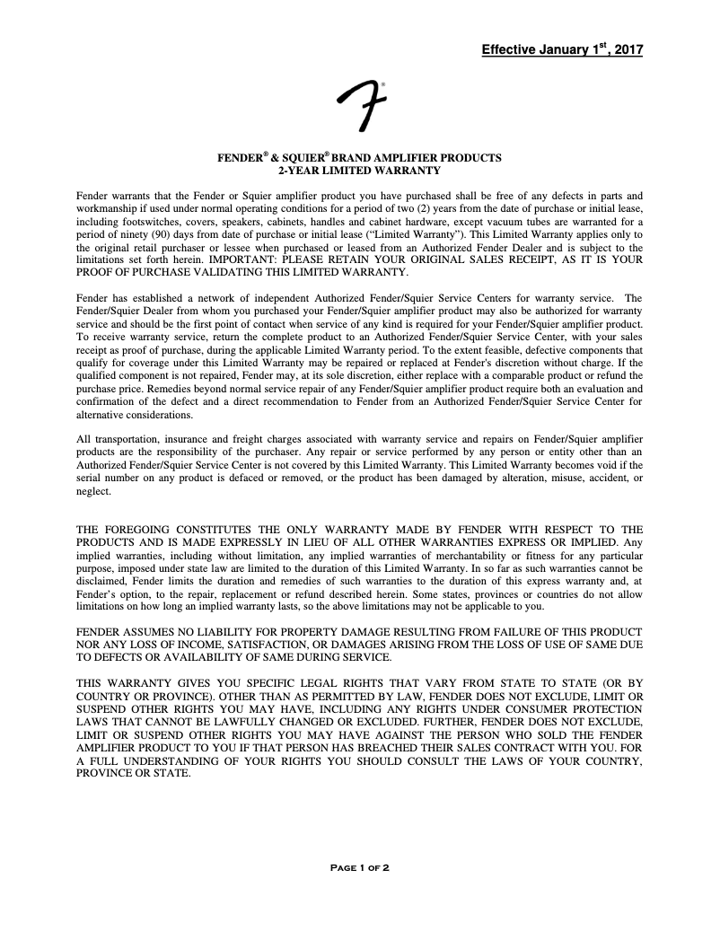 Page 1 de la notice Informations de garantie Fender Acoustasonic 40