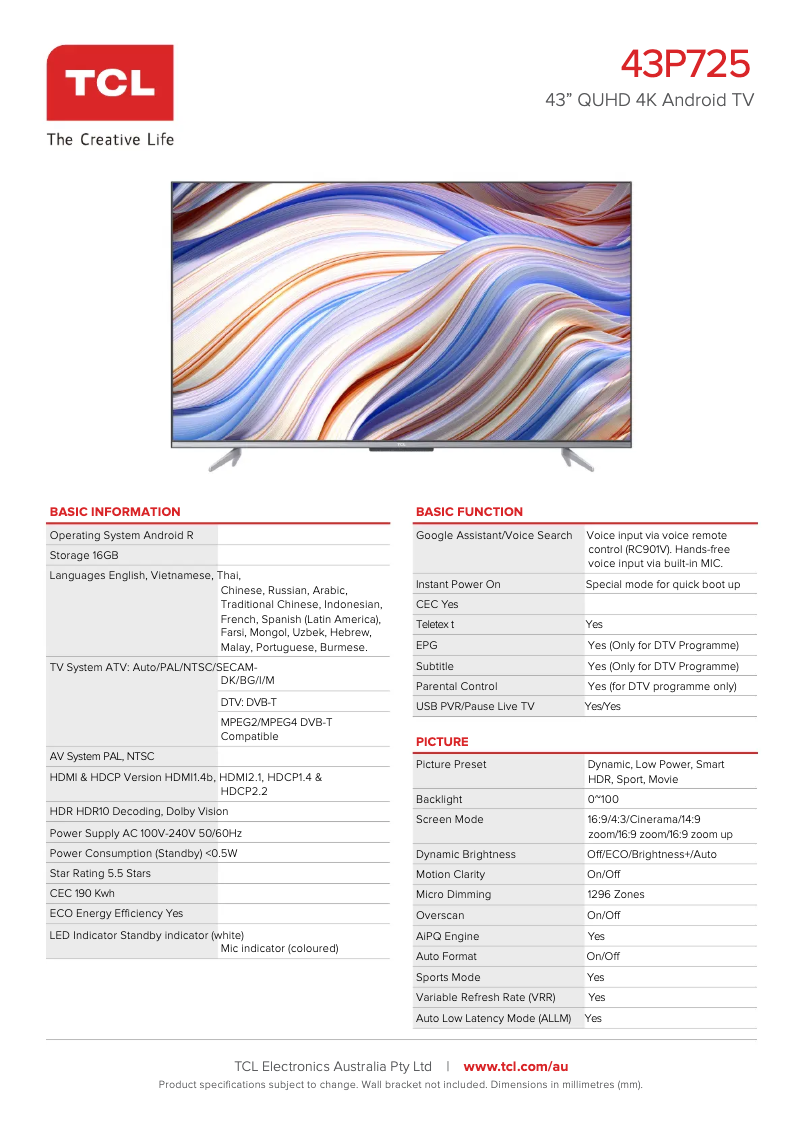 Página 1 del manual Ficha técnica TCL 43P725