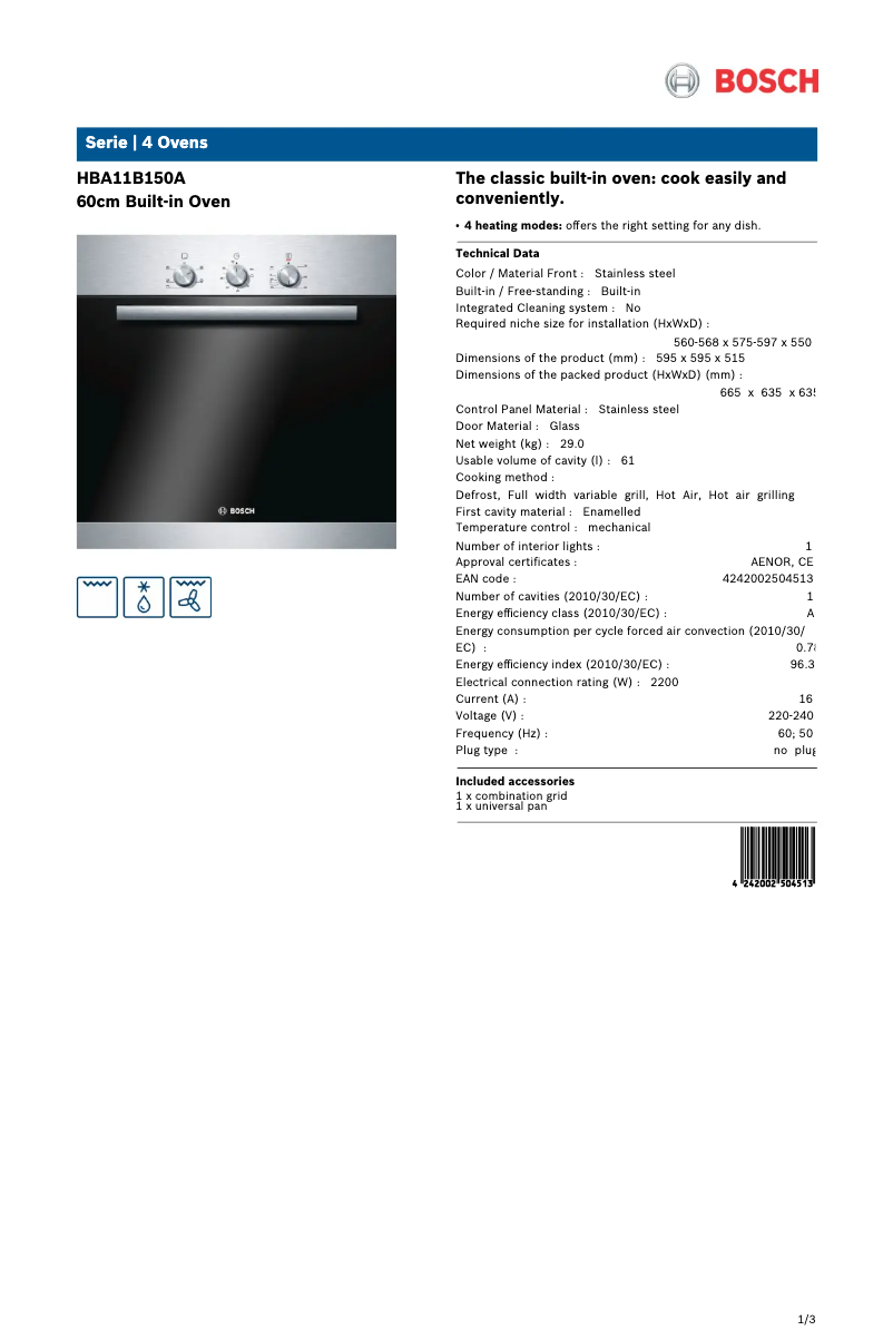 Page 1 de la notice Fiche technique Bosch HBA11B150A