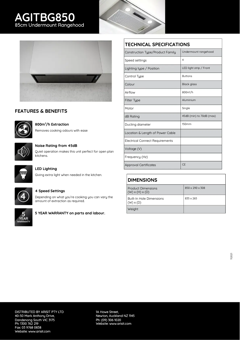 Página 1 del manual Ficha técnica Tisira AGITBG850