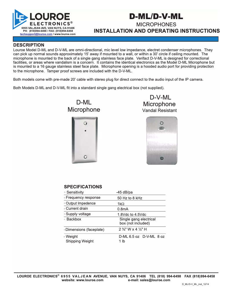 Page 1 of the manual User Manual Louroe Electronics DV-ML