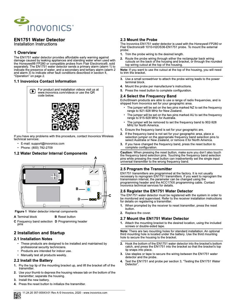 Page 1 de la notice Manuel utilisateur Inovonics EN1751