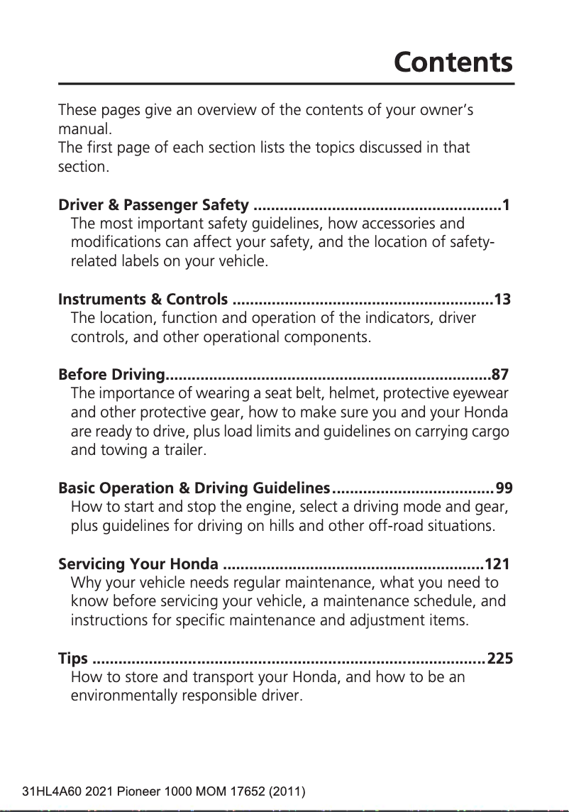 Page 1 de la notice Manuel utilisateur Honda Pioneer 1000 (2021)