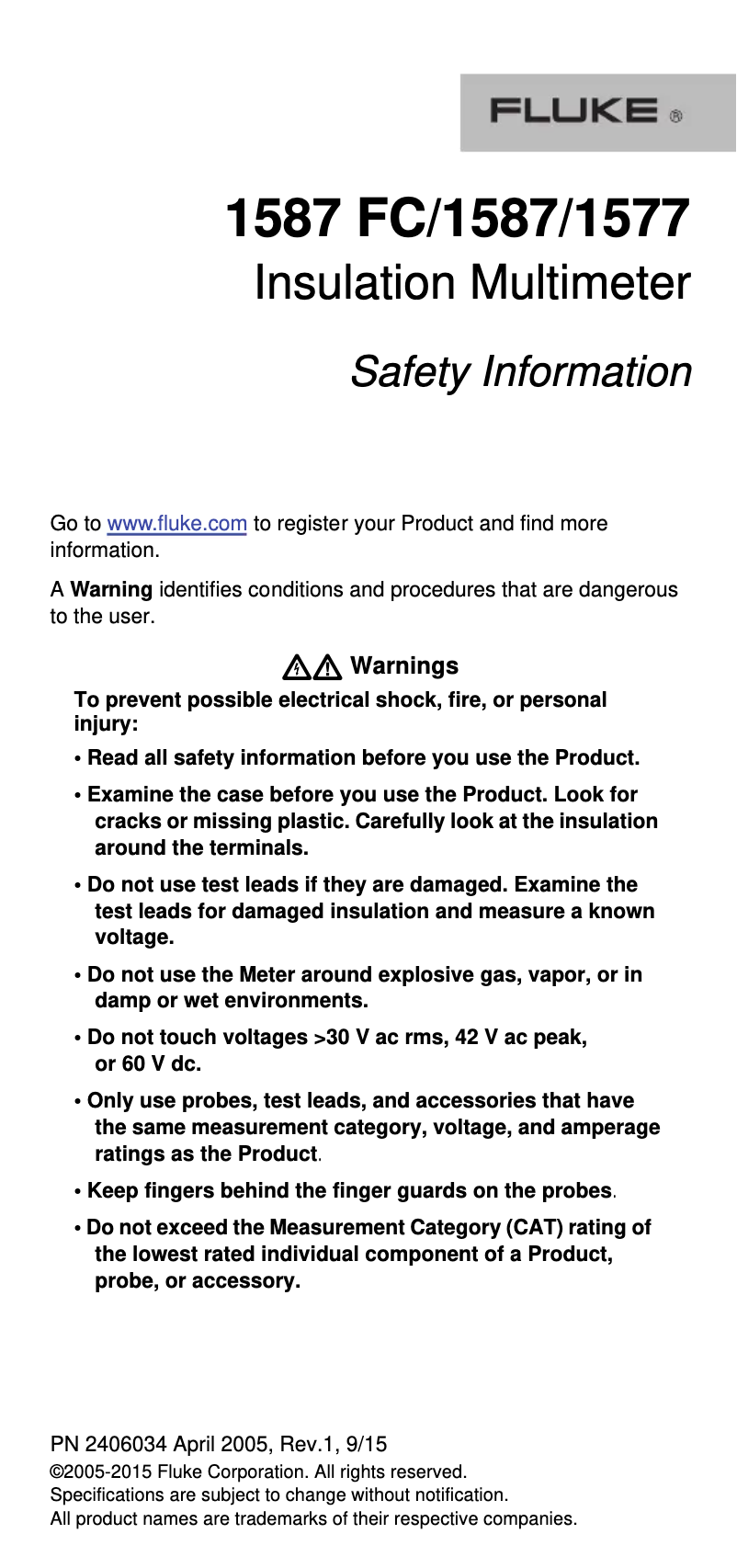 Page 1 de la notice Instructions de sécurité Fluke 1577