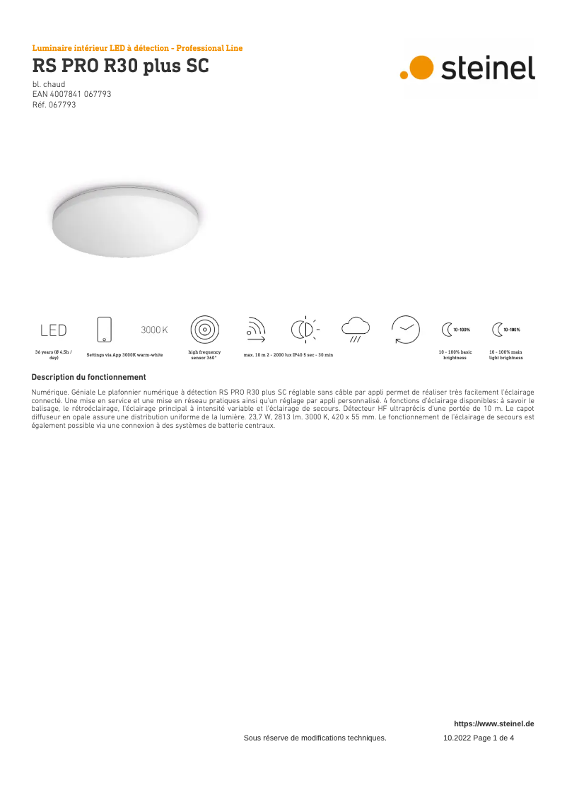 Page 1 de la notice Fiche technique Steinel RS PRO R30 Plus SC