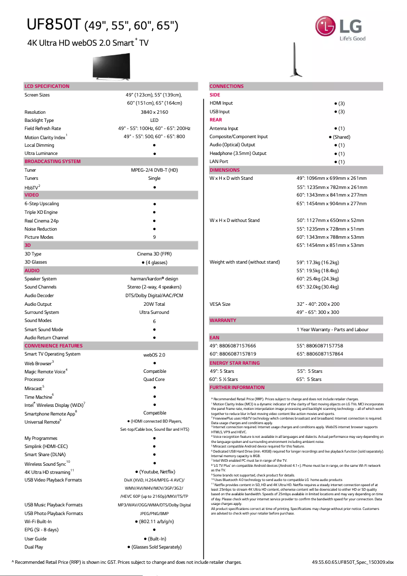 Page 1 de la notice Fiche technique LG 49UF850T