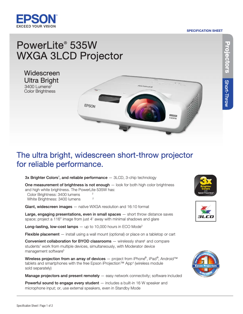 Page 1 de la notice Brochure Epson PowerLite 535W
