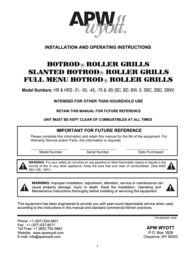 Page 1 de la notice Manuel utilisateur APW Wyott HRS-31SBC