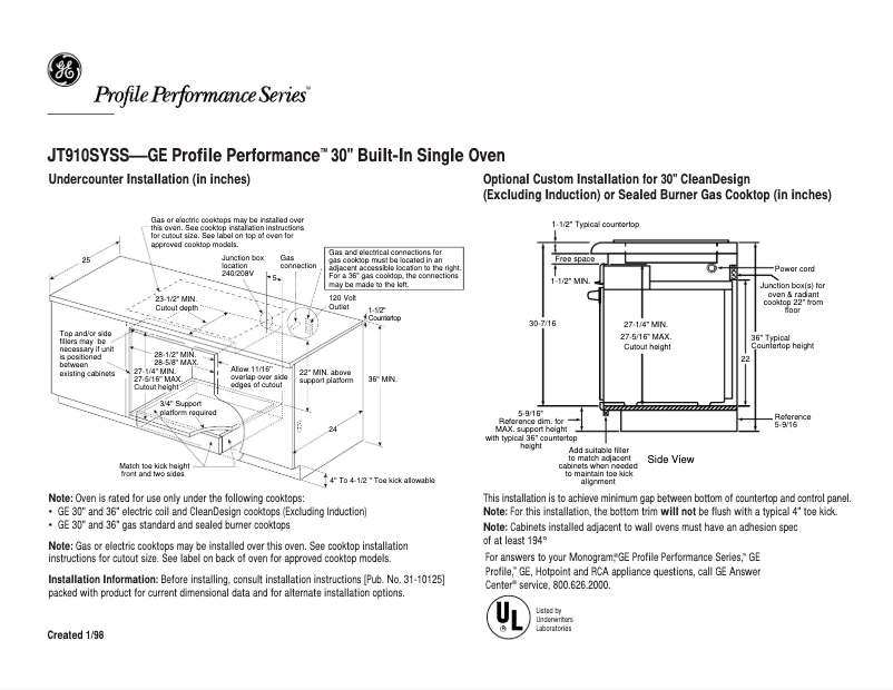 Page n°1 - Fiche technique GE Profile Performance JT910SYSS
