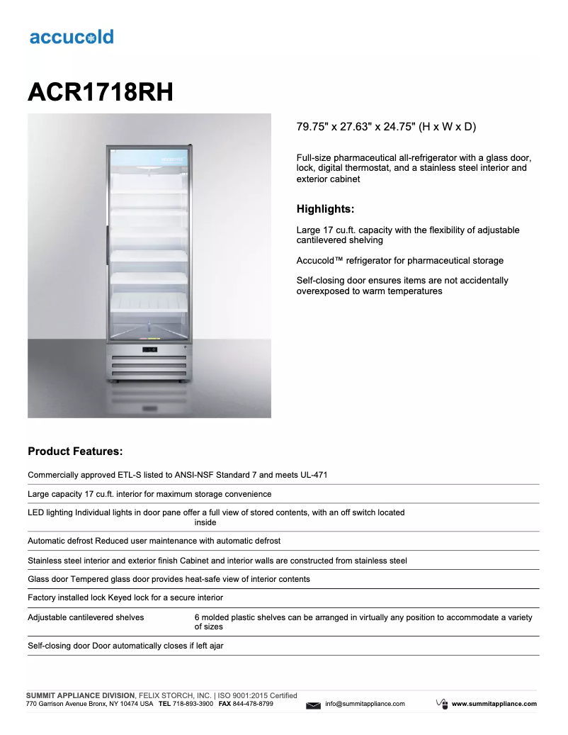 Page 1 de la notice Fiche technique Summit Accucold ACR1717RH