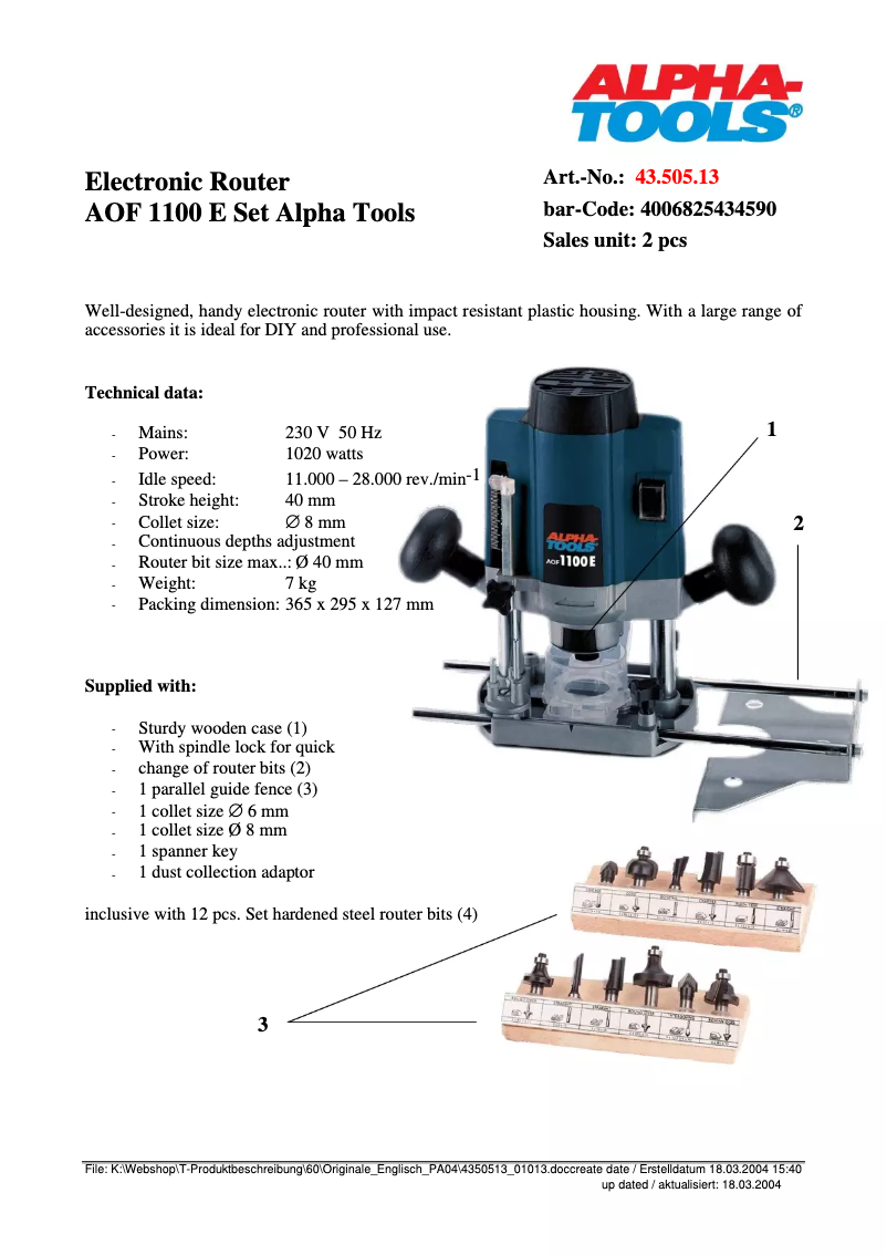 Page 1 de la notice Fiche technique Alpha Tools AOF 1100