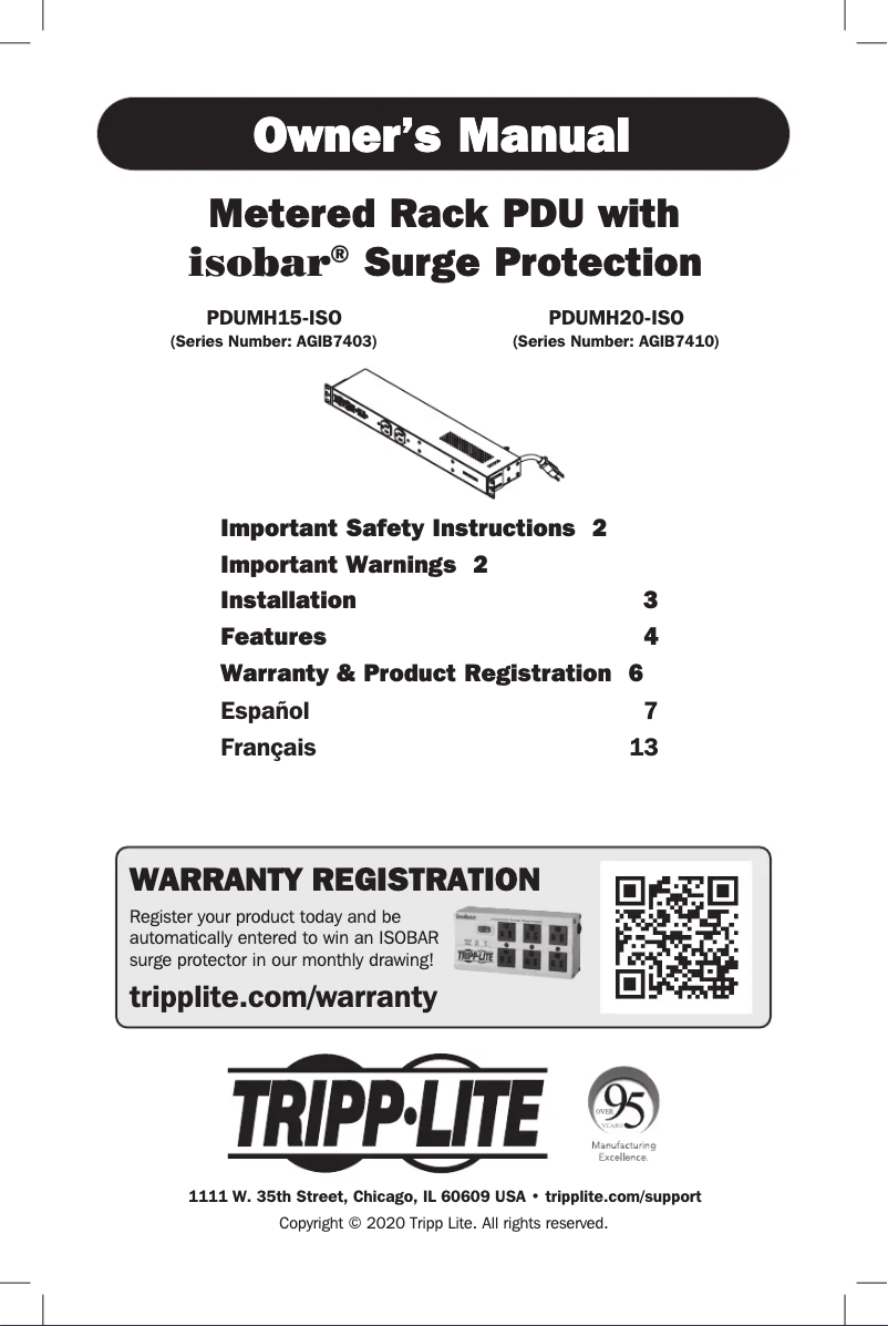 Page 1 de la notice Manuel utilisateur Tripp Lite PDUMH20-ISO