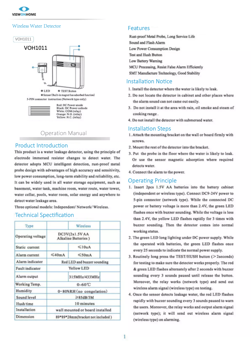 Page 1 de la notice Manuel utilisateur ViewOnHome VOH1011