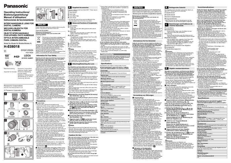 Page 1 de la notice Manuel utilisateur Panasonic Leica DG Vario-Elmarit 8-18mm