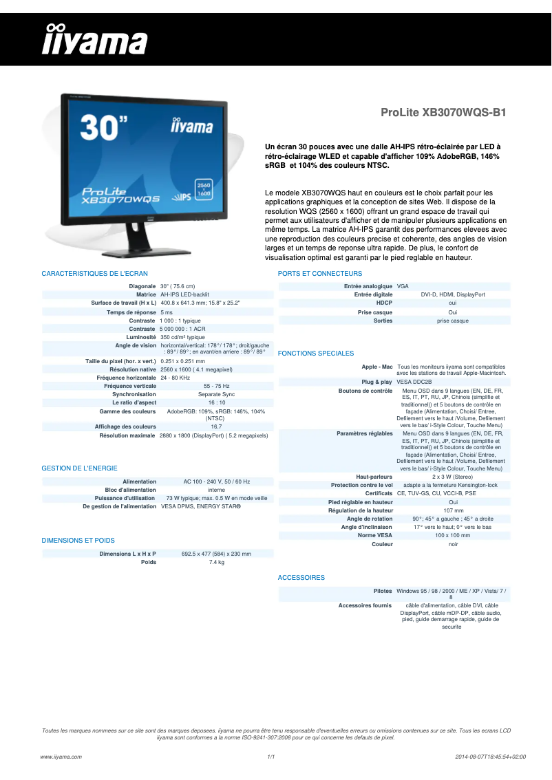 Page 1 de la notice Manuel utilisateur Iiyama ProLite XB3070WQS-B1