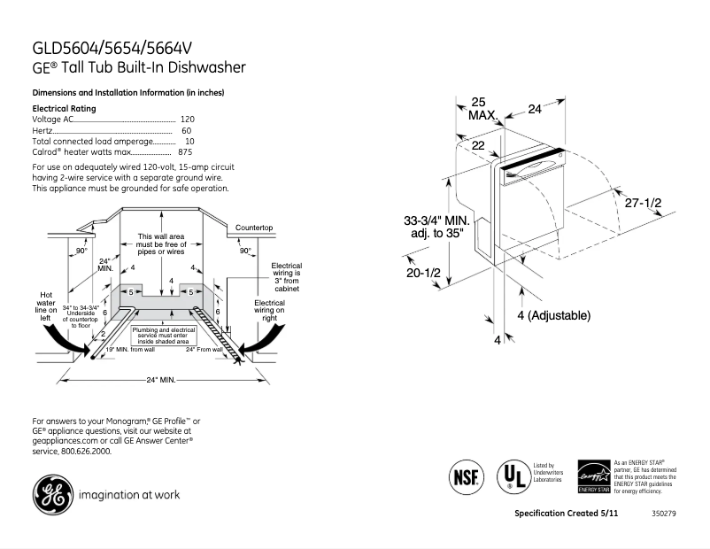 Página 1 del manual Ficha técnica GE GLD5654VCS