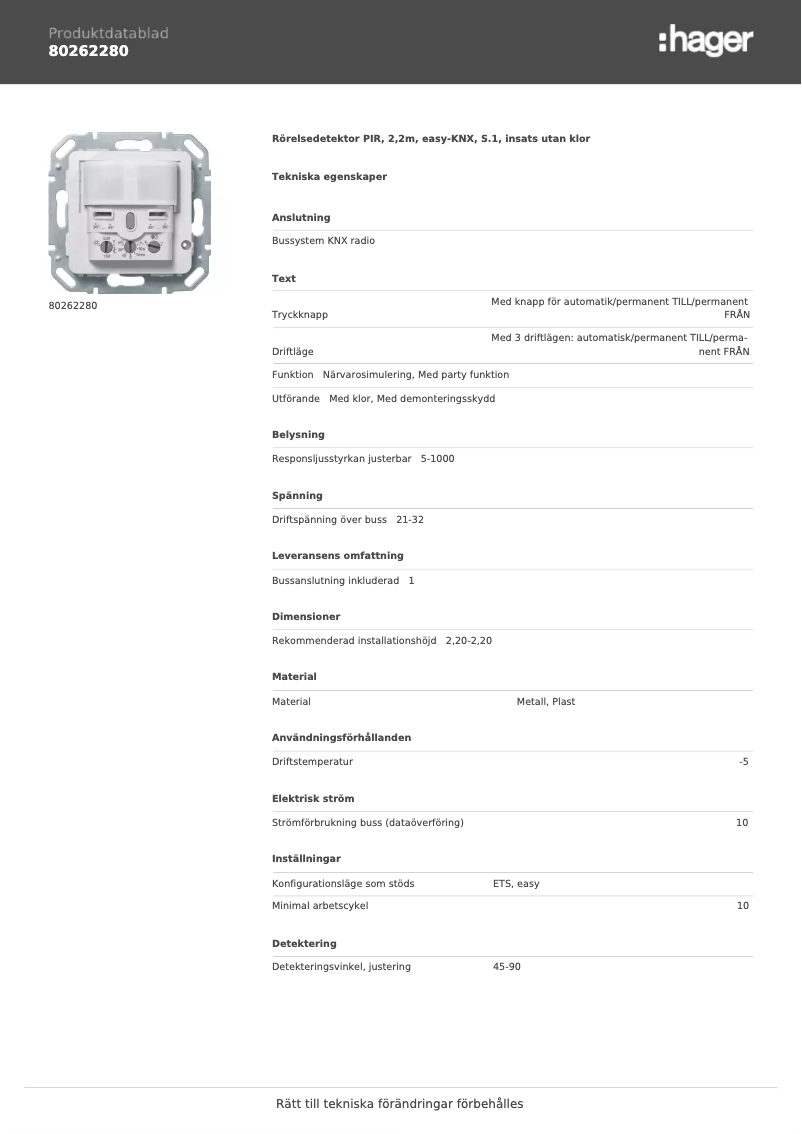 Page 1 de la notice Fiche technique Hager 80262280