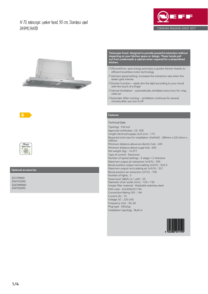 Page 1 of the manual Technical Sheet Neff D49ML54N1B