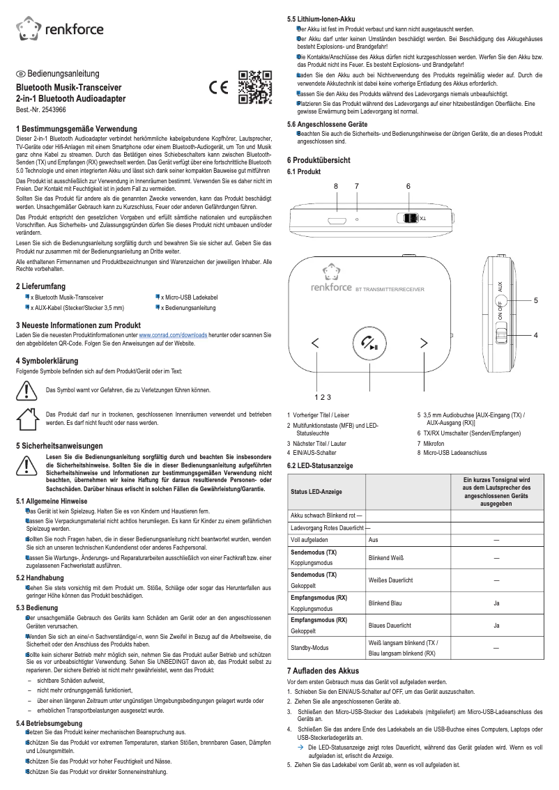 Page 1 de la notice Manuel utilisateur Renkforce RF-BTR-200