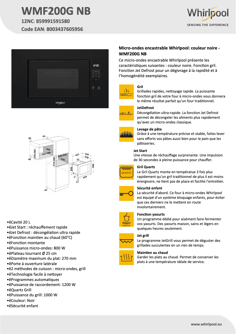 Página 1 del manual Ficha técnica Whirlpool WMF200GNB