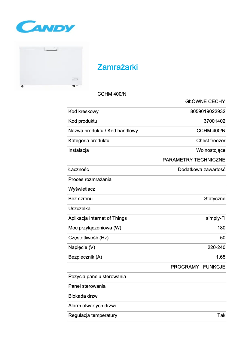 Page 1 de la notice Fiche technique Candy CCHM 400/N