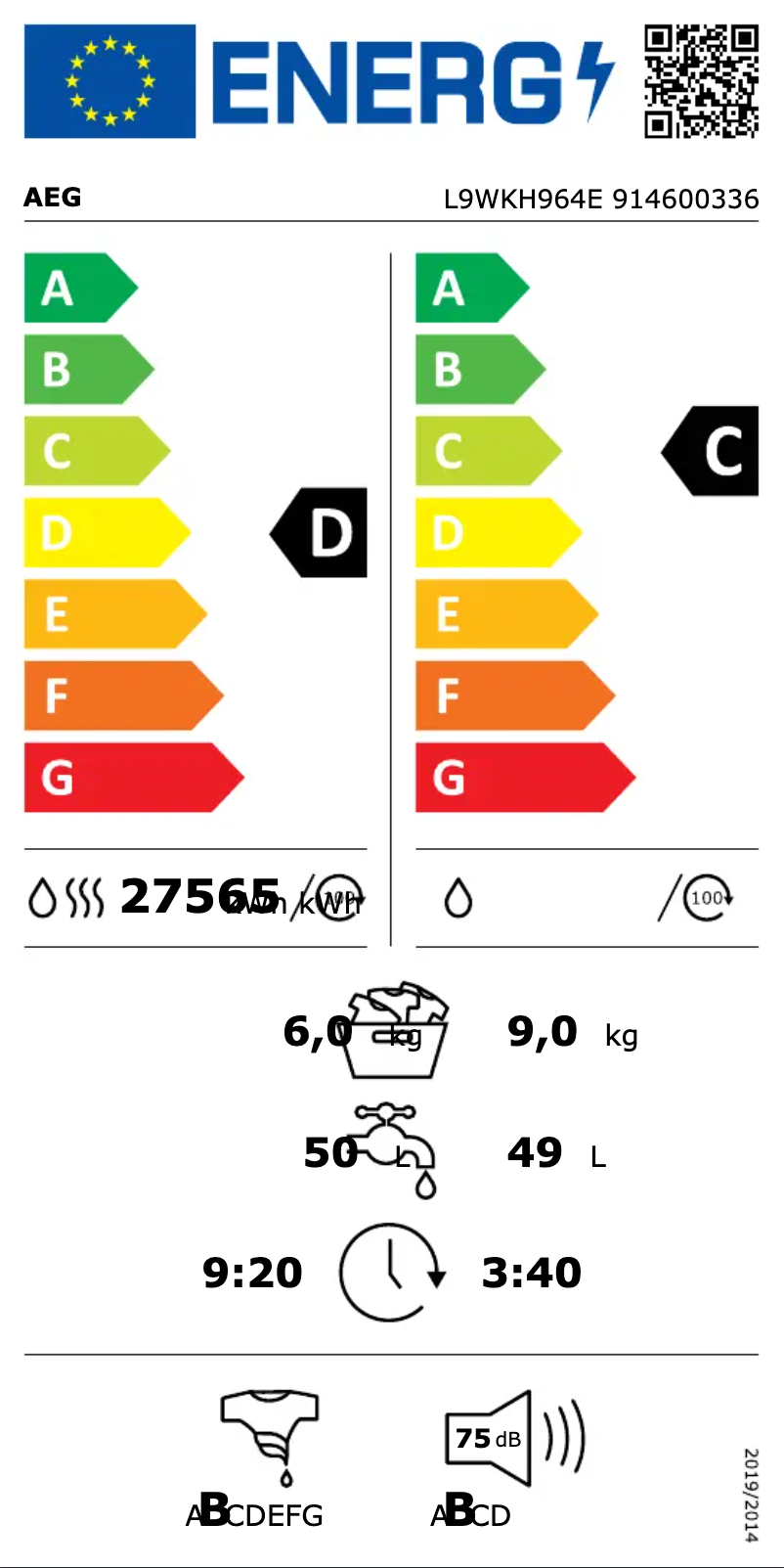 Página 1 del manual Etiqueta energética AEG L9WKH964E