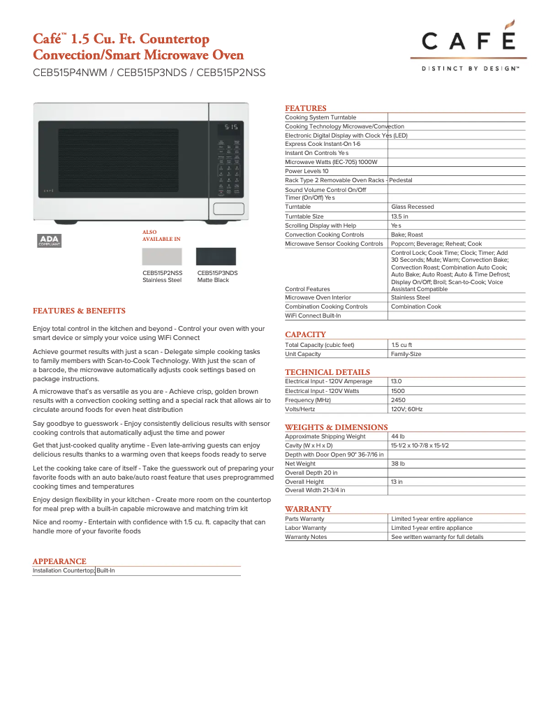 Page 1 of the manual Technical Sheet GE CEB515P3NDS
