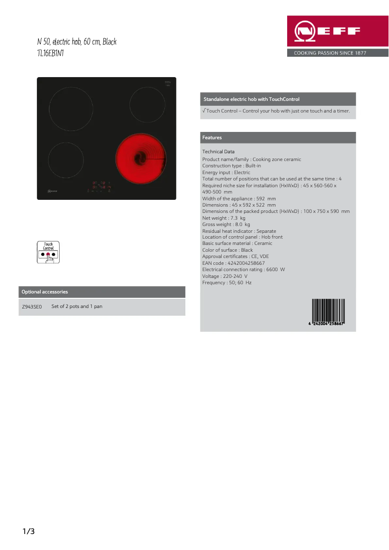 Page 1 of the manual Technical Sheet Neff TL16EB1N1