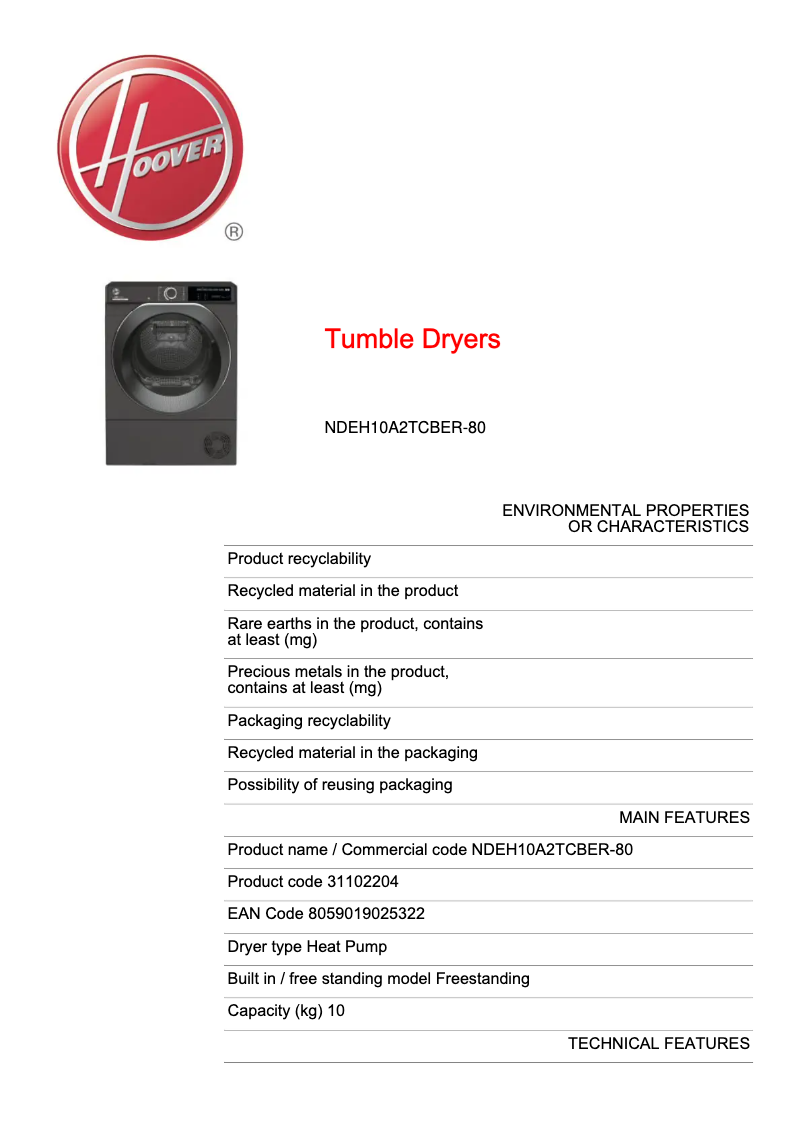 Página 1 del manual Ficha técnica Hoover H-DRY 500 NDEH10A2TCBER-80