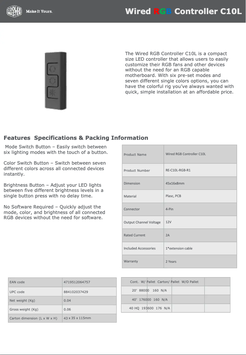 Page 1 de la notice Manuel utilisateur Cooler Master Wired RGB Controller C10L
