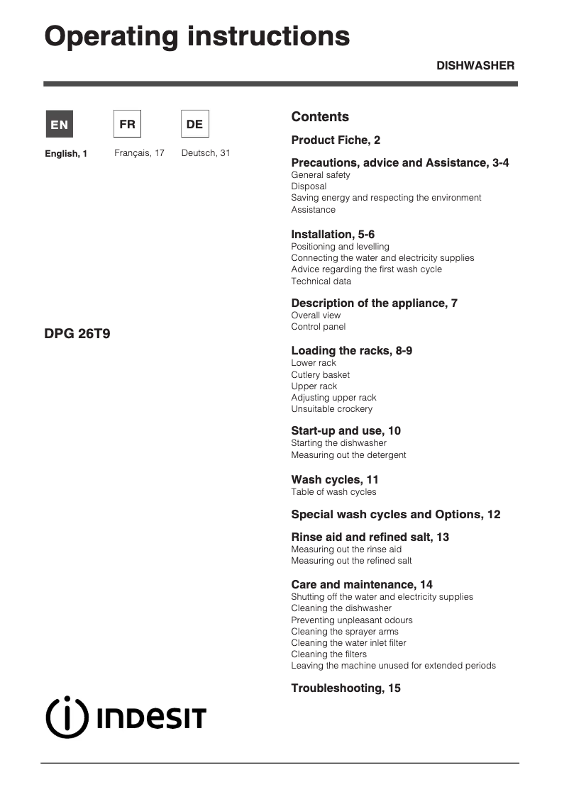Page 1 de la notice Manuel utilisateur Indesit DPG 26T9