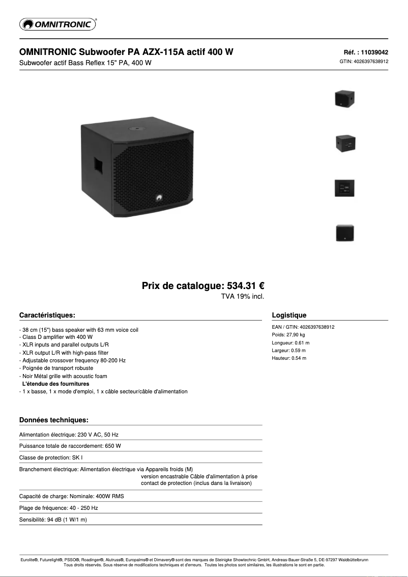 Page 1 de la notice Fiche technique Omnitronic AZX-115A