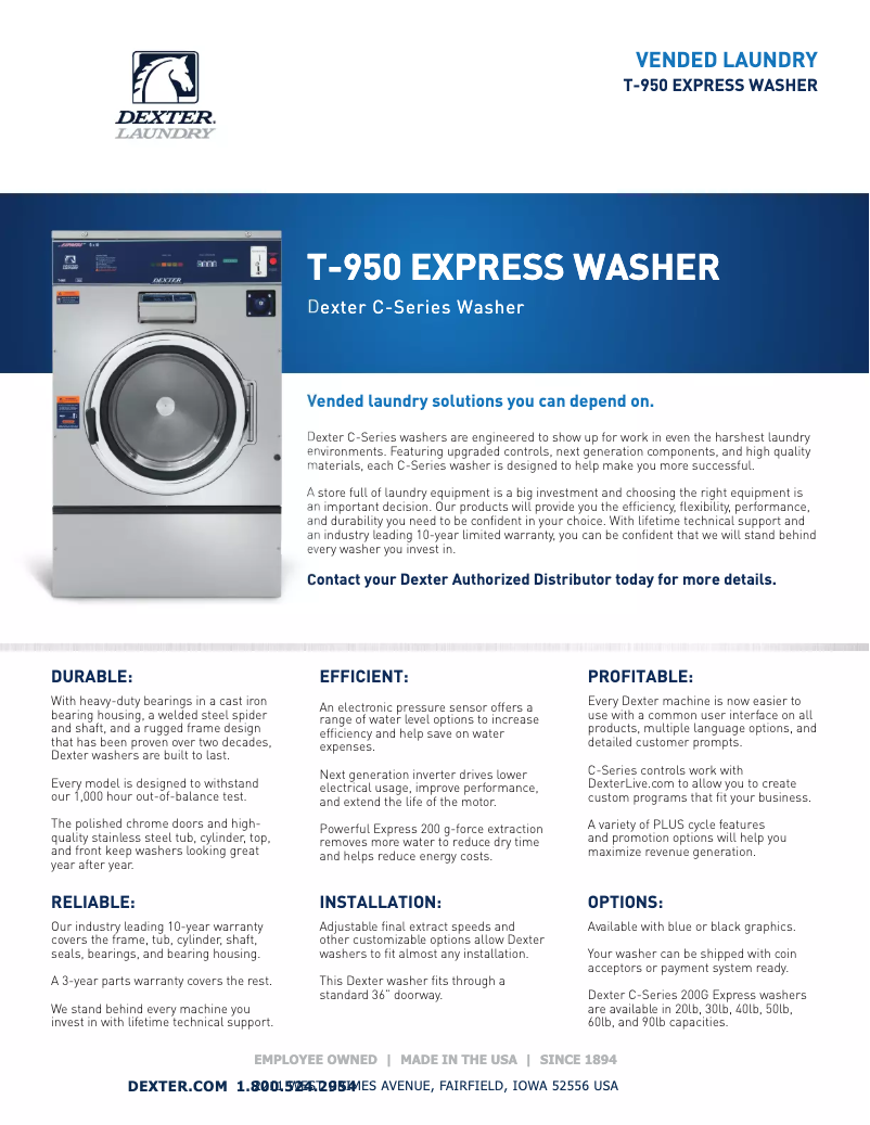 Page 1 of the manual Technical Sheet Dexter Laundry T-950 Express