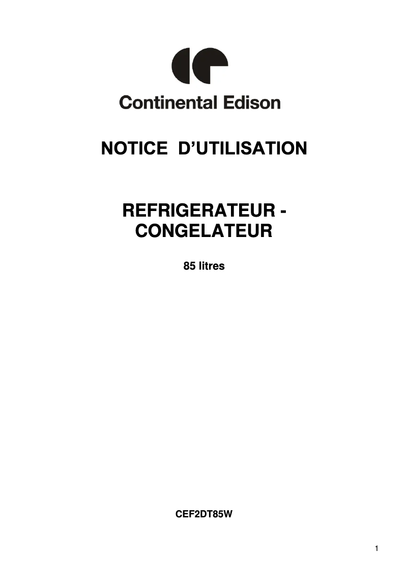 Page 1 de la notice Manuel utilisateur Continental Edison CEF2DT85W
