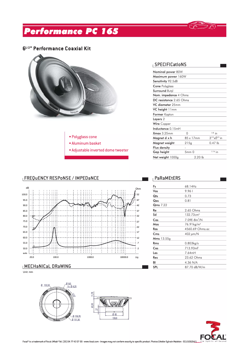 Page 1 de la notice Fiche technique Focal Performance PC 165